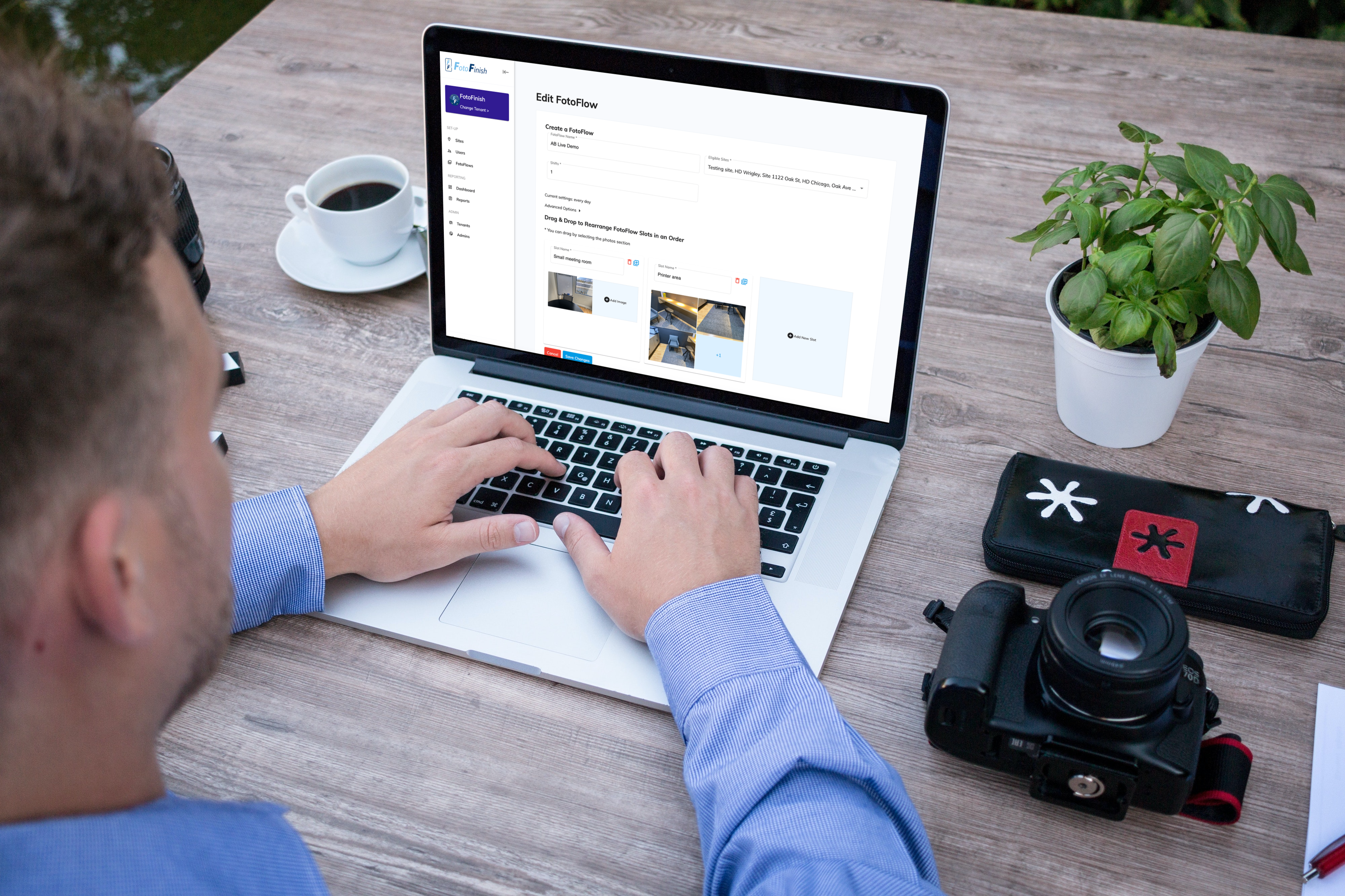 FotoFinish FotoFlow setup screen on a laptop showing reference photo configuration